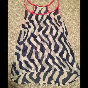 Blue and white sheer tank with pink trim